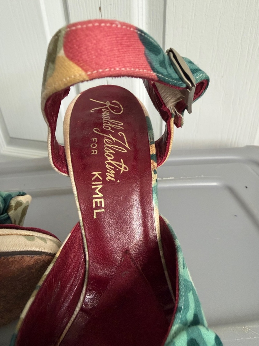 VINTAGE Rinaldo Felsotini Teal, Burgundy & Cream Floral Knot Block Heels - Picture 6 of 8